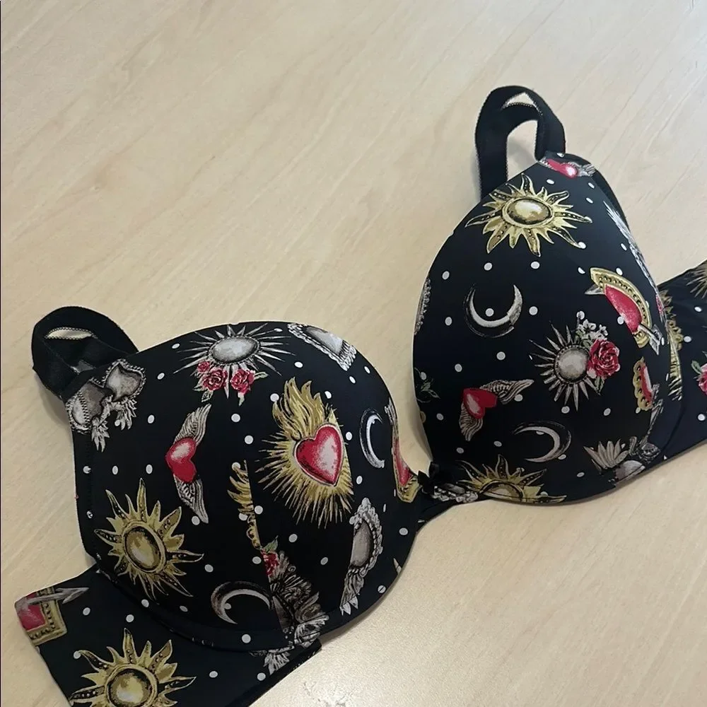 Torrid Curve Plunge Bra Black Celestial Print Plus Size 40D Push Up |‎ G-1617